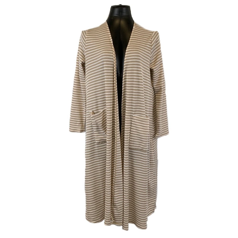 LulaRoe Sarah Duster Cardigan Sweater Tan Cream Striped Ribbed Women's Size M - Picture 2 of 6